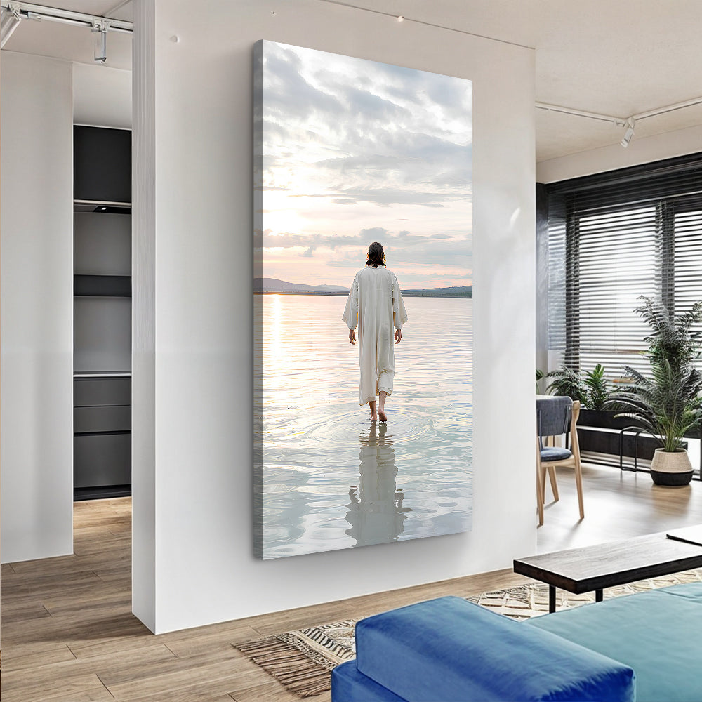 Reflections Faith Wall Art XV canvas print: person in a white robe walks into sunset water on Tampa Home & Garden Store