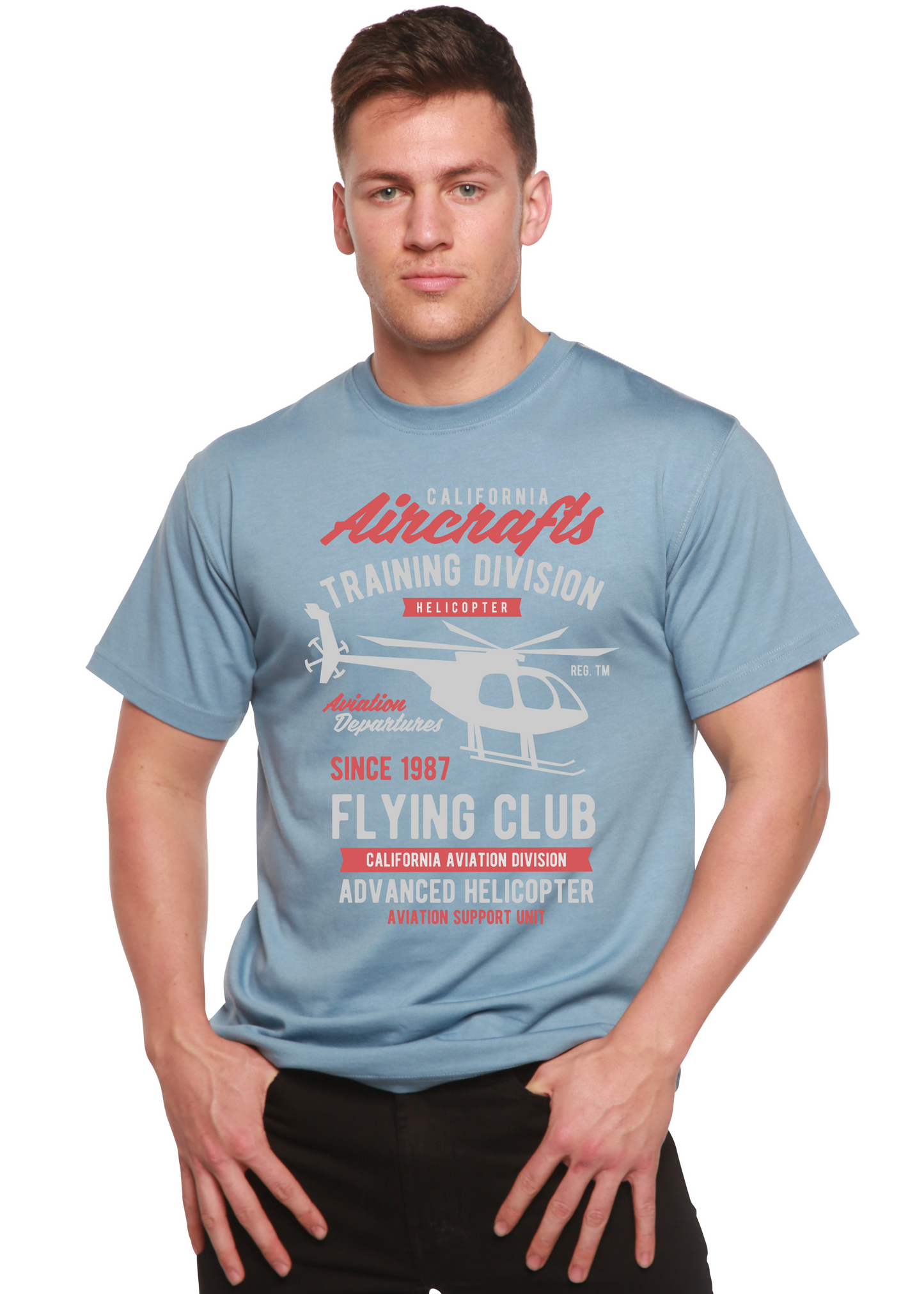 California Aircraft tee in light blue bamboo viscose organic cotton with helicopter print on Tampa Home & Garden Store