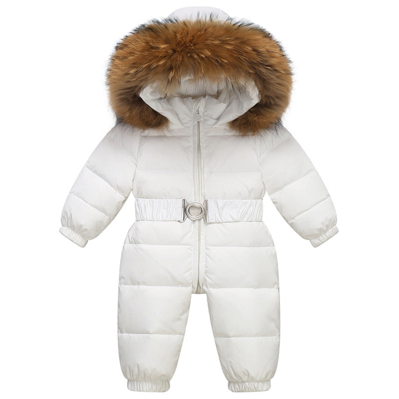 Stevvex baby snowsuit white puffer with brown faux fur hood windproof belted design on Tampa Home & Garden Store