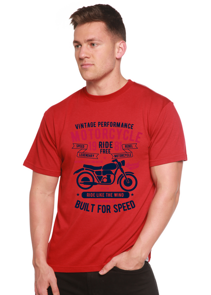 Motorcycle Ride Free men's bamboo viscose/organic cotton tee red with navy bike print on Tampa Home & Garden Store