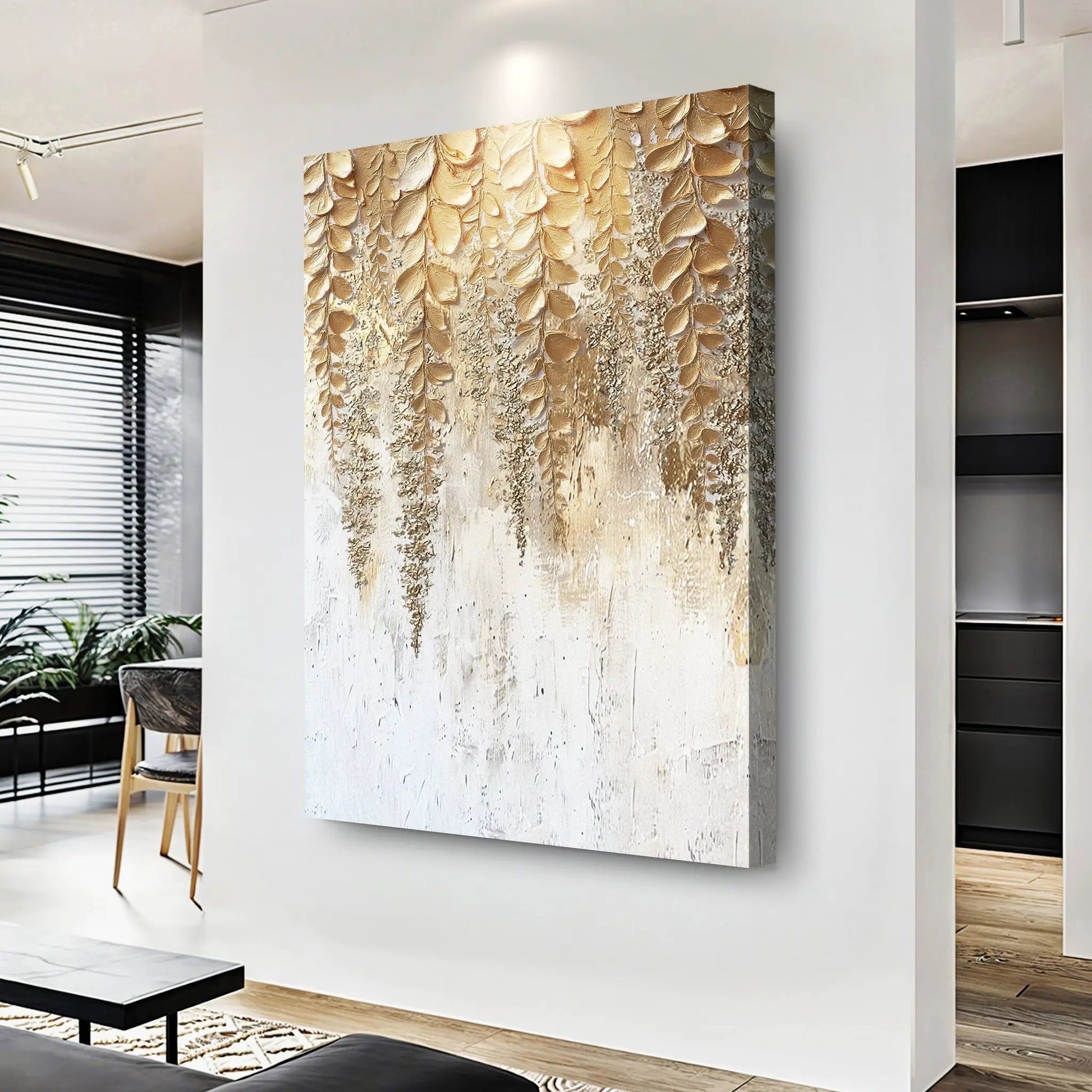 Golden Wisteria Wall Art canvas by Tailored Canvases with gold-toned cascading leaves on Tampa Home & Garden Store
