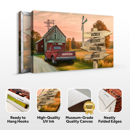 Canvas Old Truck Barn Family Names Sign weathered barn, red truck, signpost with Andrew Beatrice Charlotte on Tampa Home & Garden Store