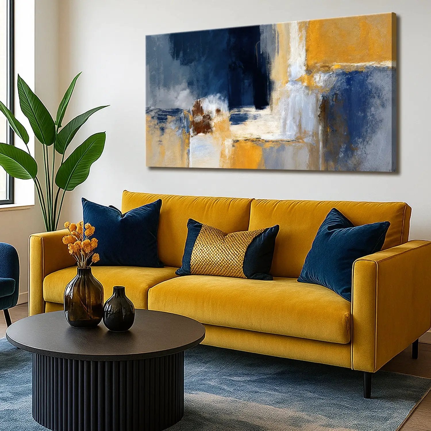 Canvas Abstract Geometric Lines Wall Art IV by Tailored Canvases navy mustard beige blocks on Tampa Home & Garden Store