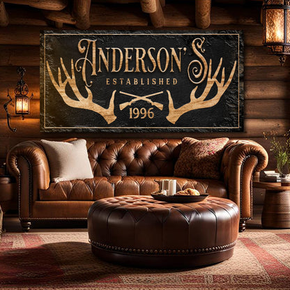 Personalized Family Antler Sign II canvas wall art with gold antlers Tailored Canvases on Tampa Home & Garden Store