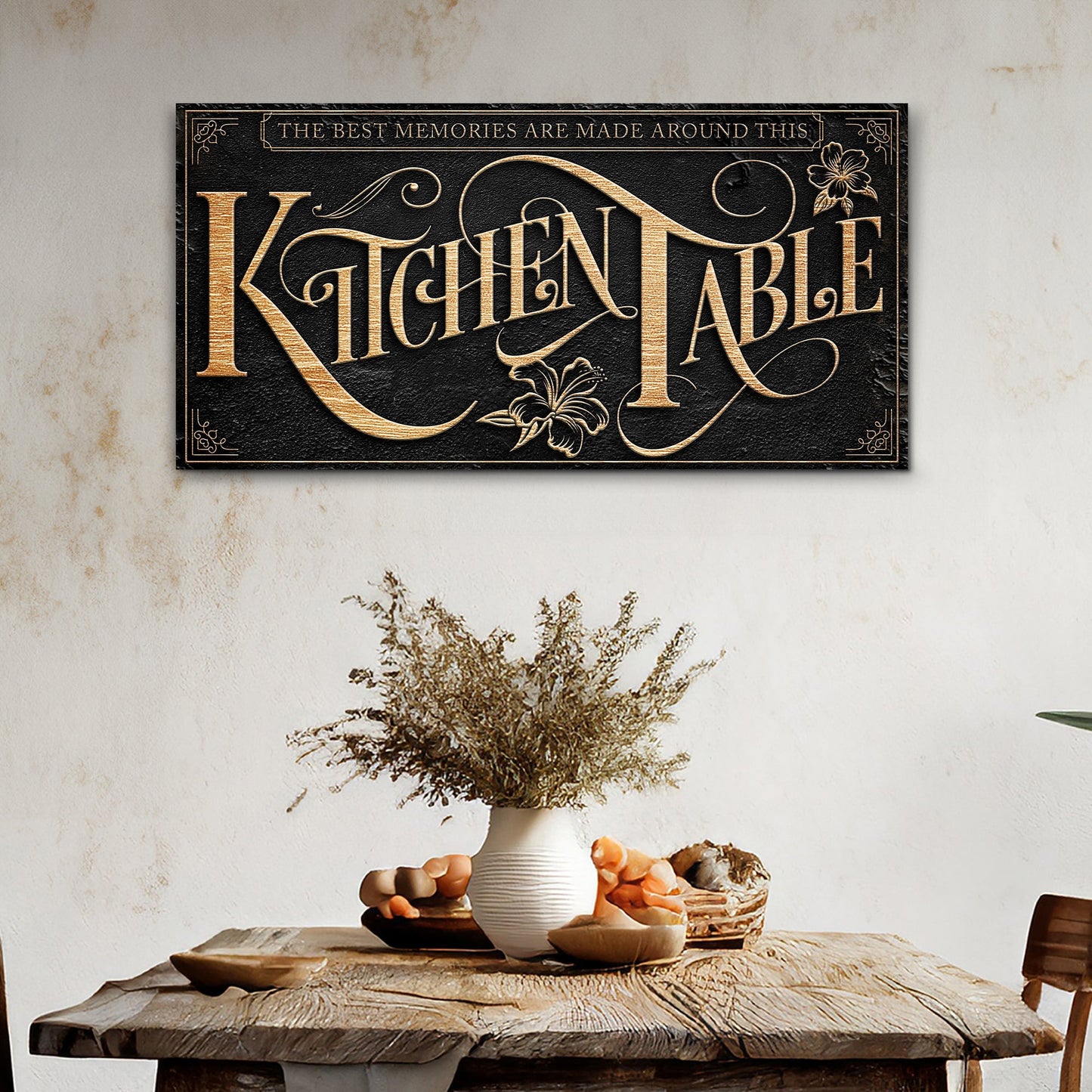 Kitchen Table Sign canvas with black background and gold ornate lettering by Tailored Canvases on Tampa Home & Garden Store