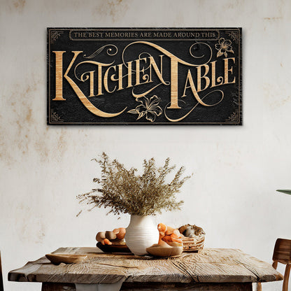 Kitchen Table Sign canvas with black background and gold ornate lettering by Tailored Canvases on Tampa Home & Garden Store