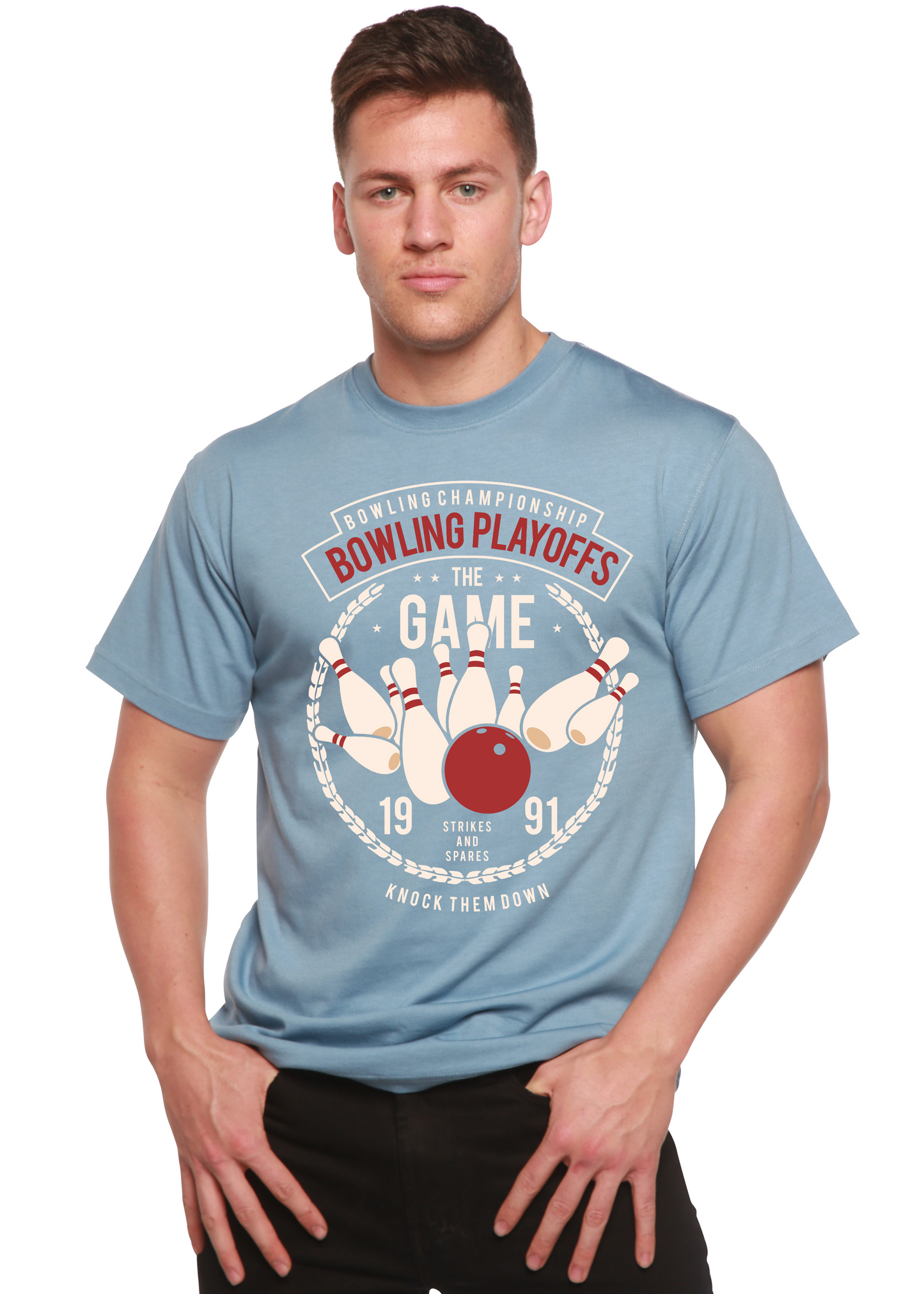 Bowling Playoffs men's bamboo viscose/organic cotton graphic tee in blue by Spun Bamboo on Tampa Home & Garden Store