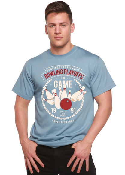 Bowling Playoffs men's bamboo viscose/organic cotton graphic tee in blue by Spun Bamboo on Tampa Home & Garden Store