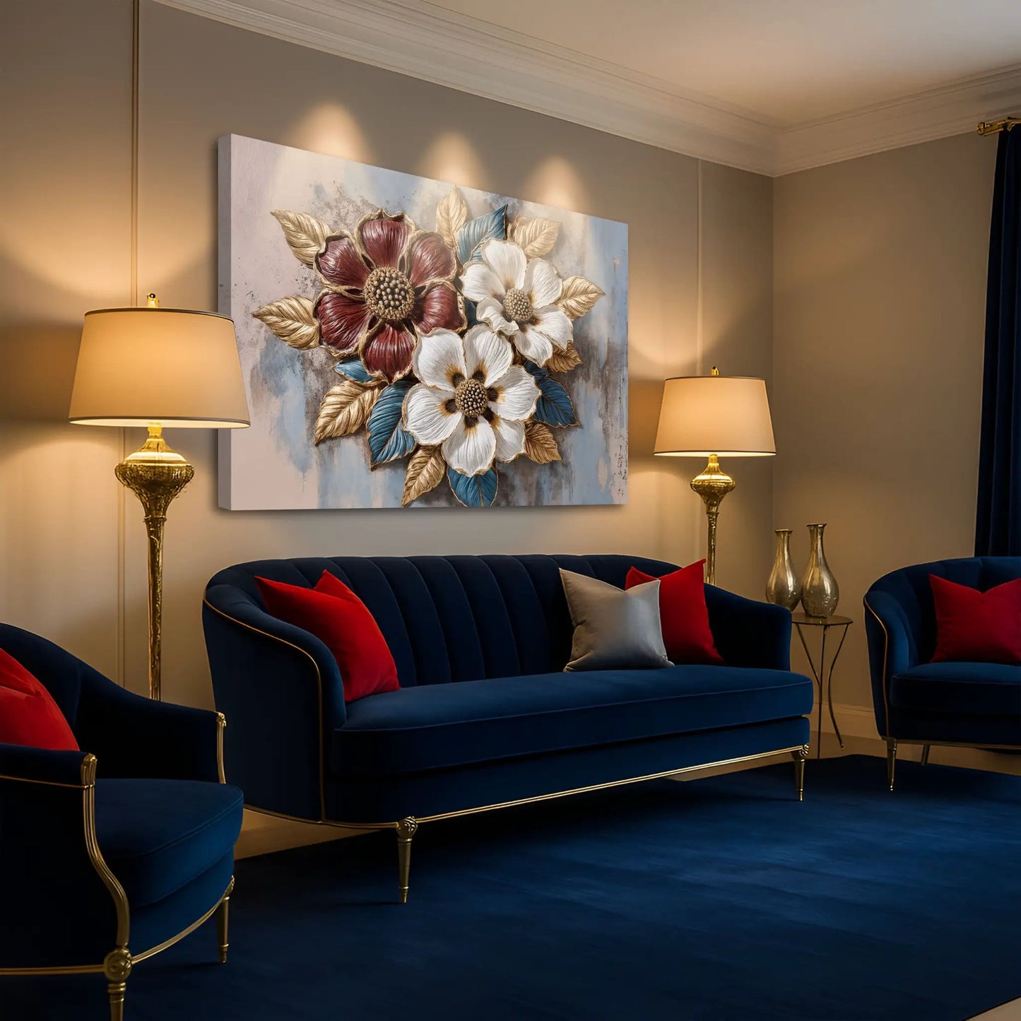 Floral Symphony Wall Art II canvas featuring red and white flowers with gold leaves on blue on Tampa Home & Garden Store