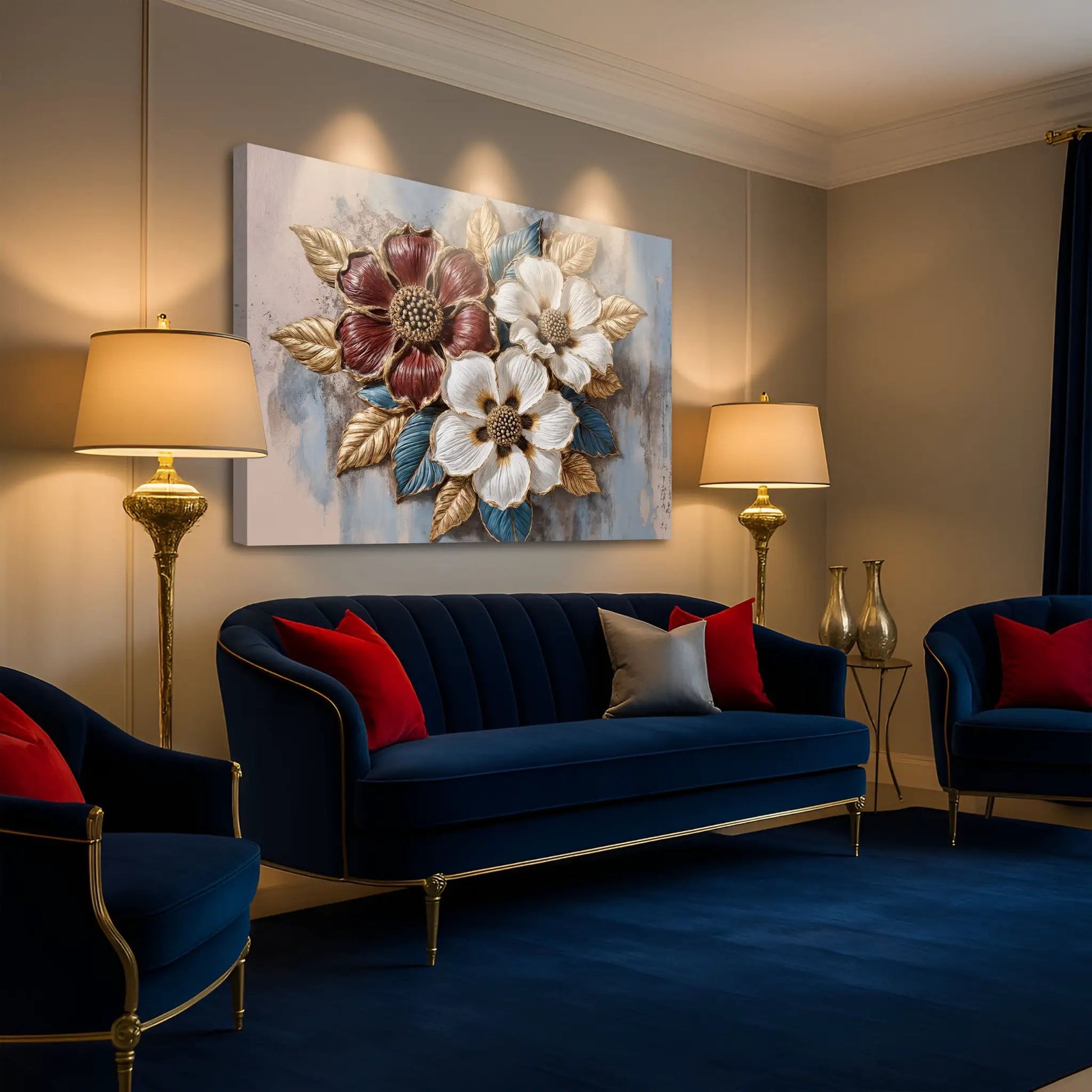 Floral Symphony Wall Art II canvas featuring red and white flowers with gold leaves on blue on Tampa Home & Garden Store