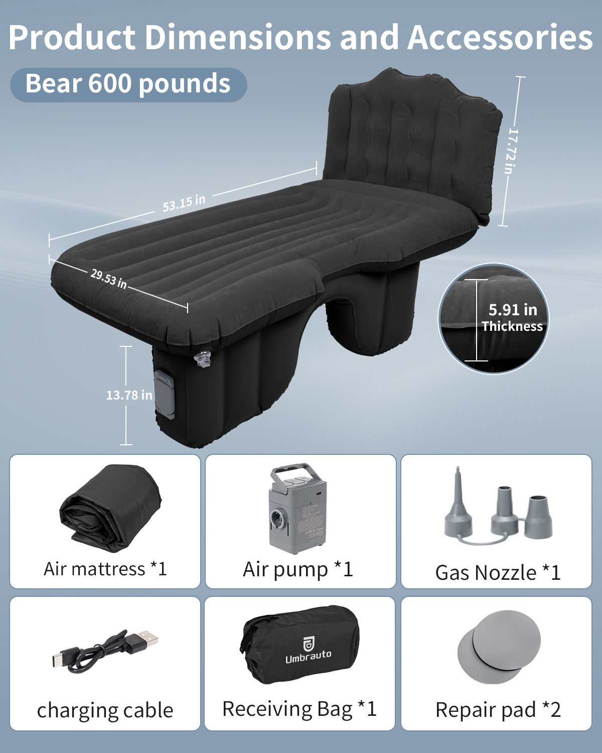 Umbrauto backseat air mattress with built-in pump, black thick flocked sleeping pad for cars on Tampa Home & Garden Store
