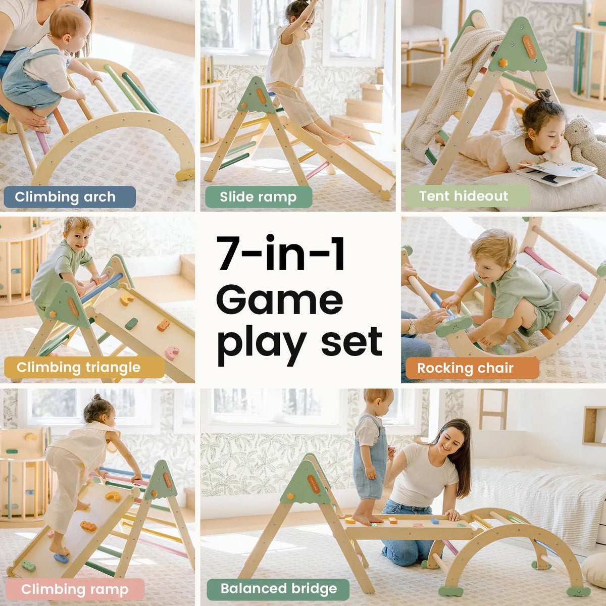 7-in-1 Morandi Pikler triangle climbing set in pastel wood with play modules Tiny Land INC on Tampa Home & Garden Store