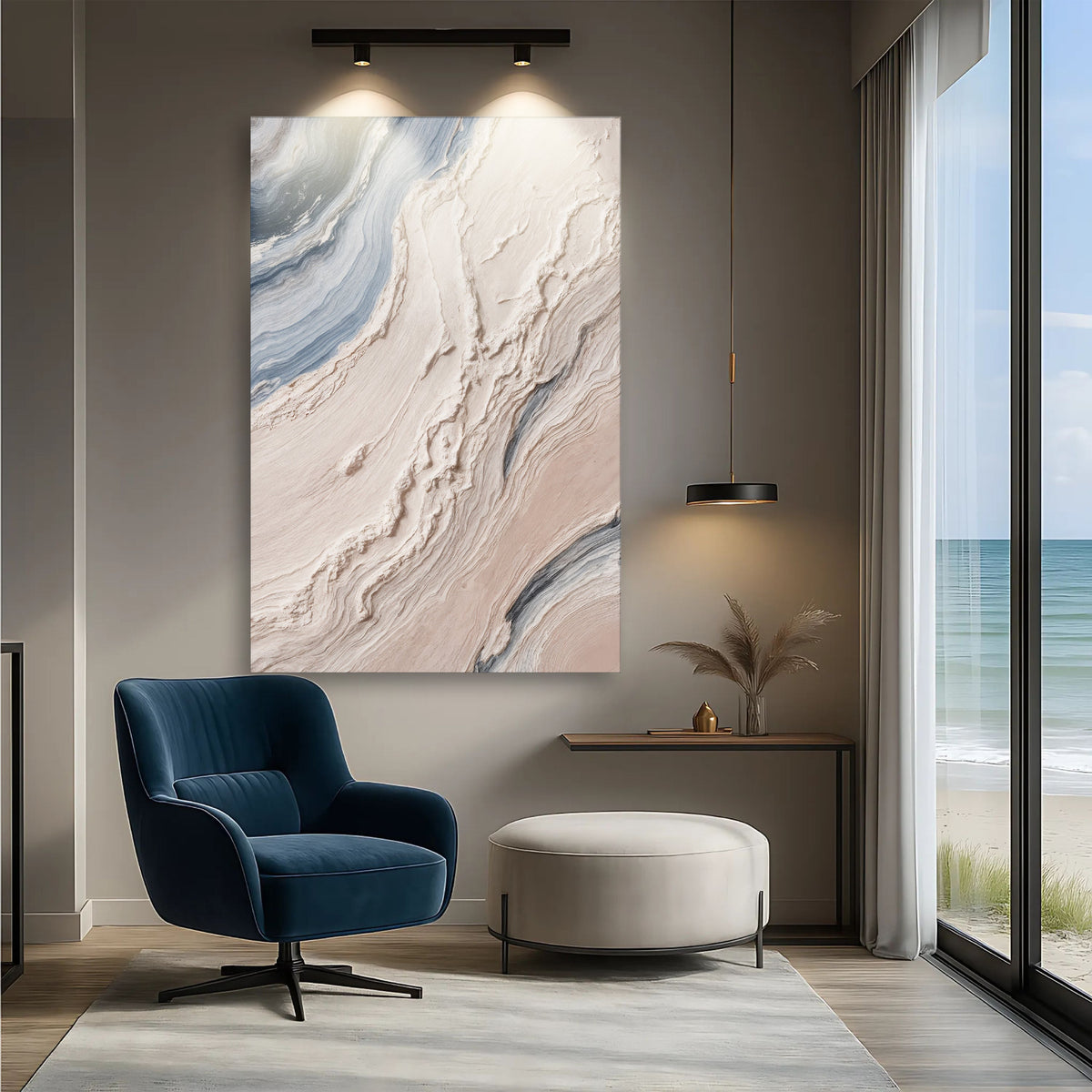 Minimalist Waves Wall Art III canvas by Tailored Canvases, marble pattern in a taupe room on Tampa Home & Garden Store