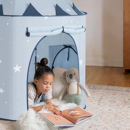 Tiny Land Compact Adventure 3-in-1 Play Tunnel light blue with white stars, child reading inside on Tampa Home & Garden Store