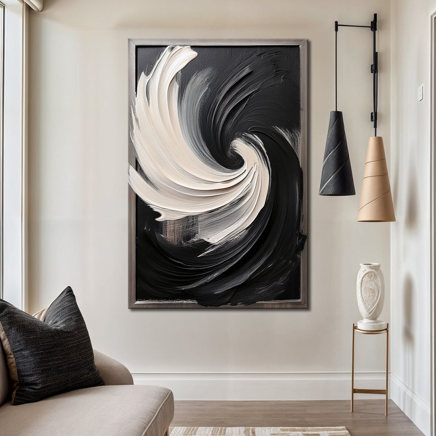 Black and White Vortex Abstract Wall Art canvas with silver frame by Tailored Canvases on Tampa Home & Garden Store