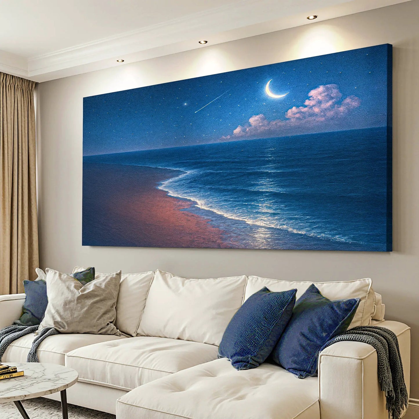 Beach Shoreline Coastal Wall Art V canvas by Tailored Canvases blue night sky with crescent moon on Tampa Home & Garden Store