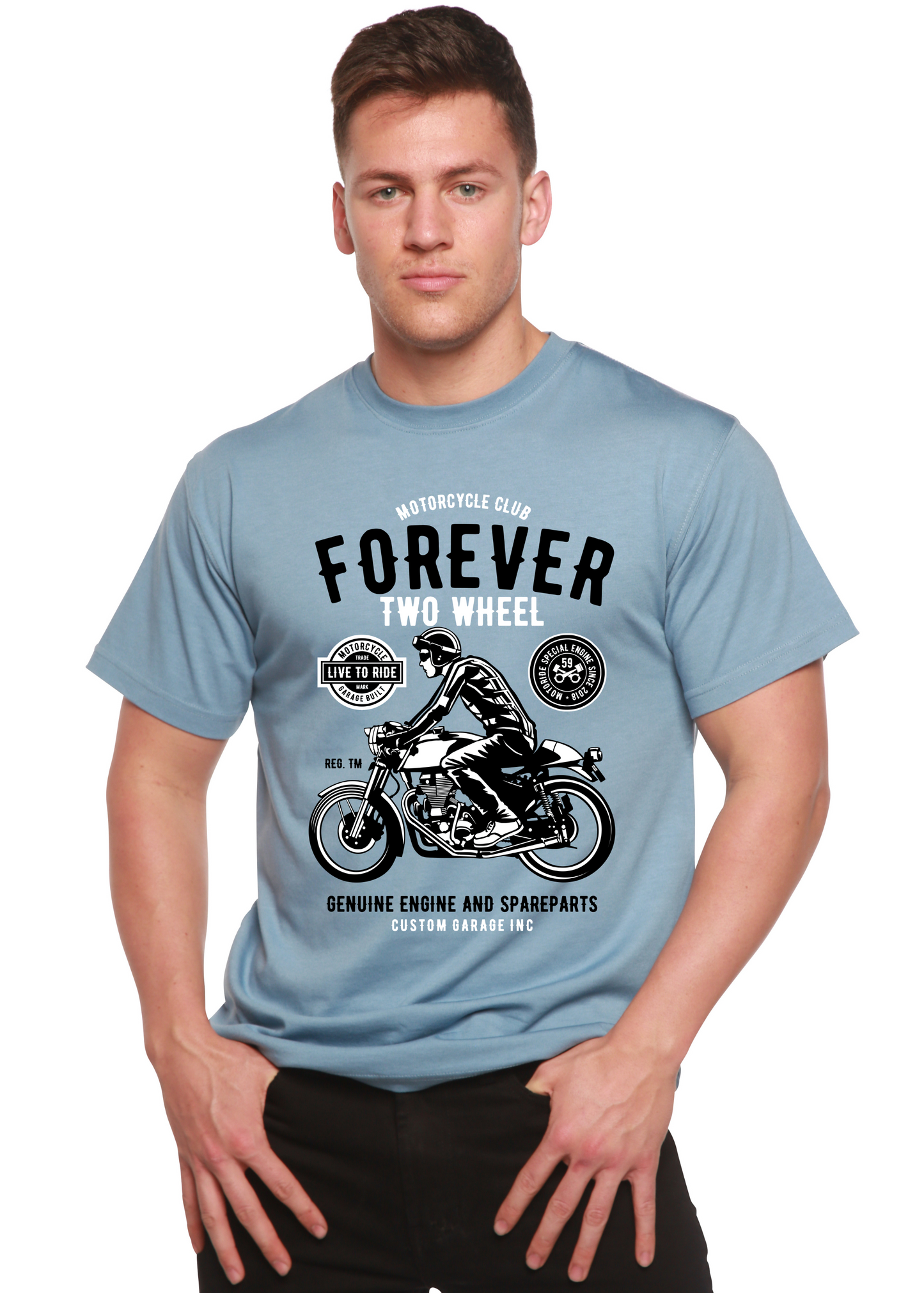 Forever Two Wheel tee in light blue bamboo viscose blend with motorcycle print Spun Bamboo on Tampa Home & Garden Store