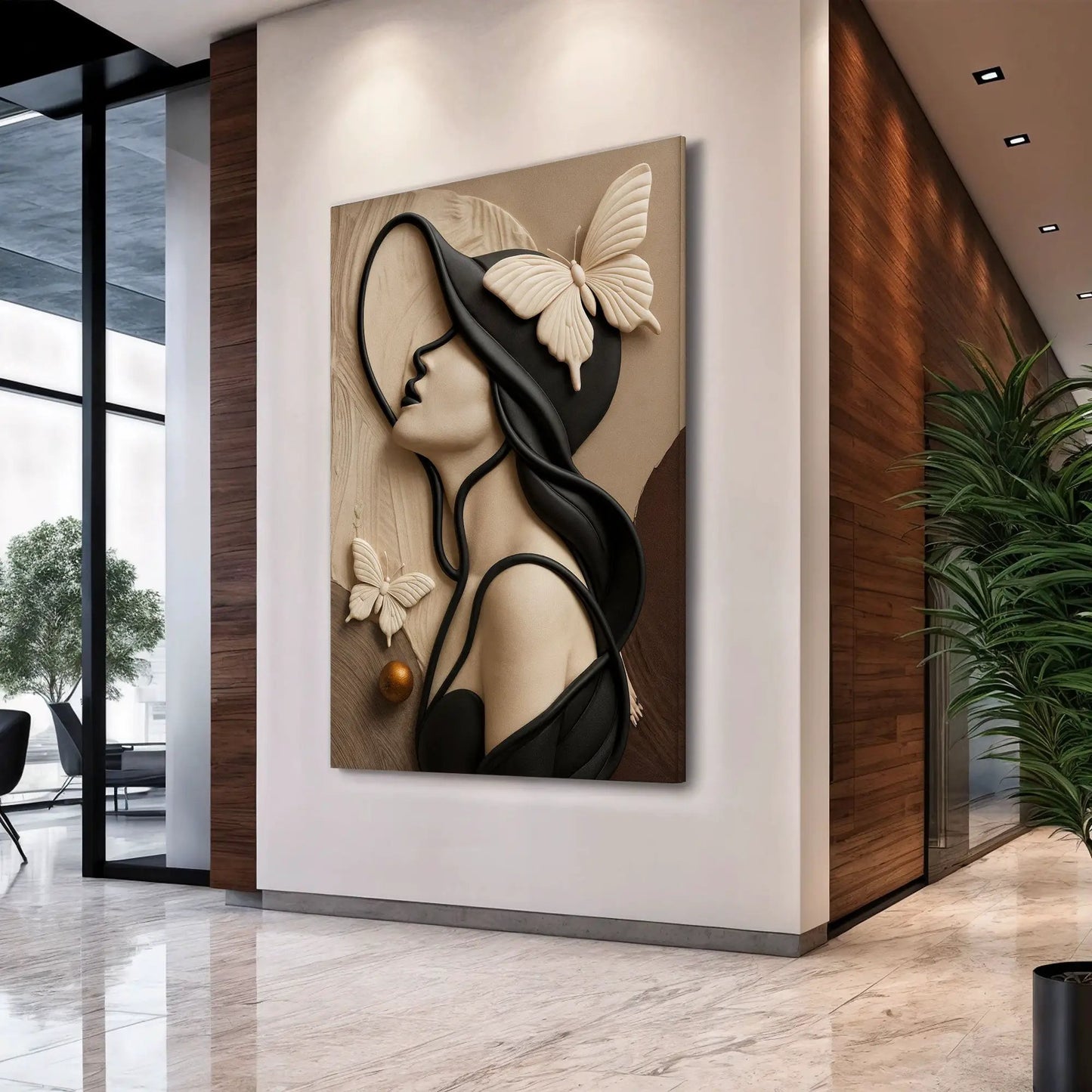 Woman's Delicate Lines Wall Art canvas by Tailored Canvases featuring beige portrait with black flowing lines on Tampa Home & Garden Store