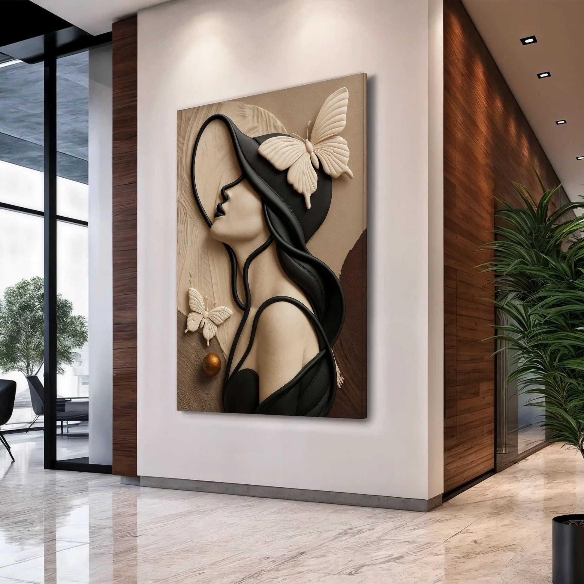 Woman's Delicate Lines Wall Art canvas by Tailored Canvases featuring beige portrait with black flowing lines on Tampa Home & Garden Store