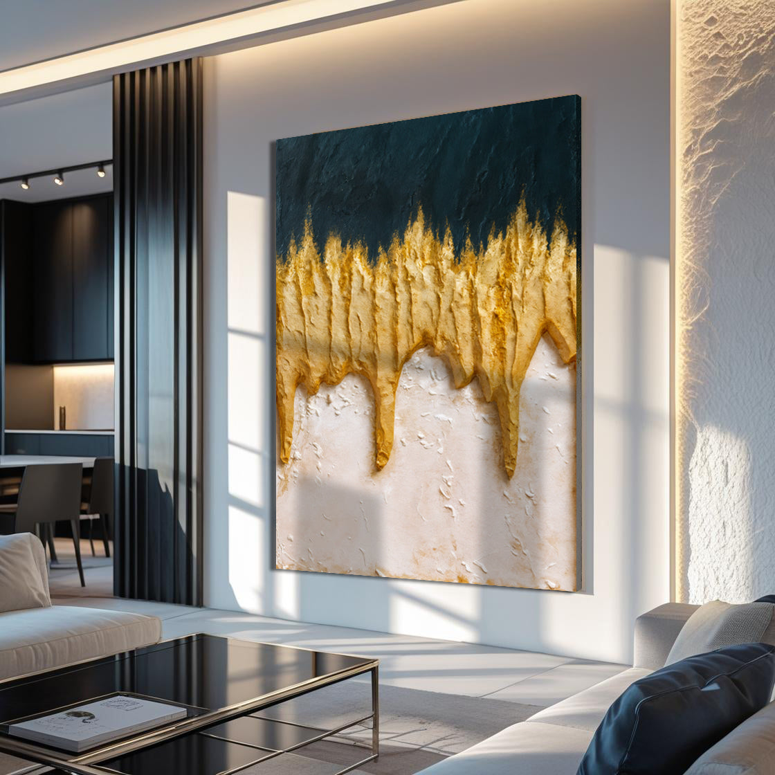 Abstract Blue and Gold Wall Art canvas by Tailored Canvases, teal blue with gold drips on Tampa Home & Garden Store