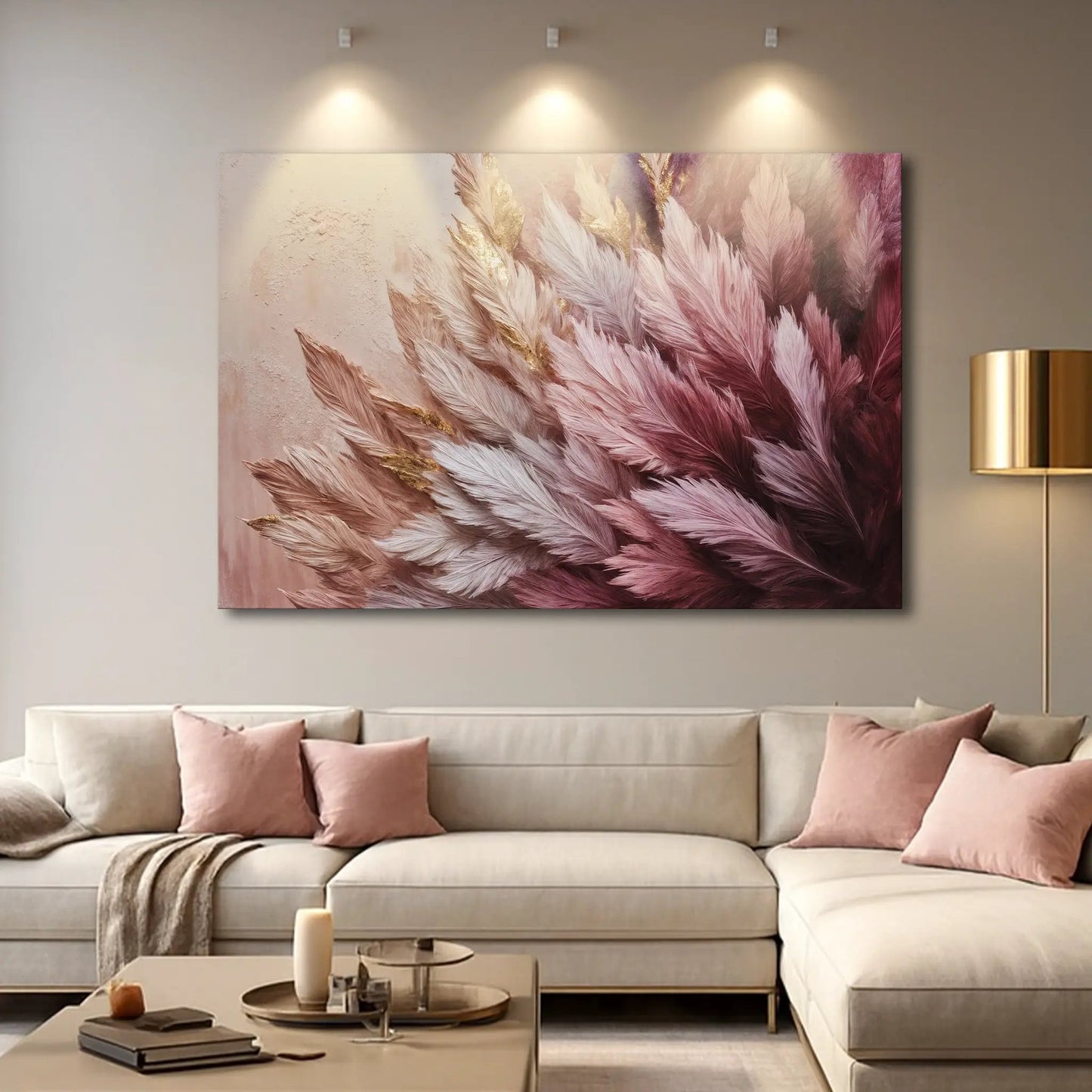 Feather Symphony Wall Art canvas with pink and gold feathers above a sofa on Tampa Home & Garden Store