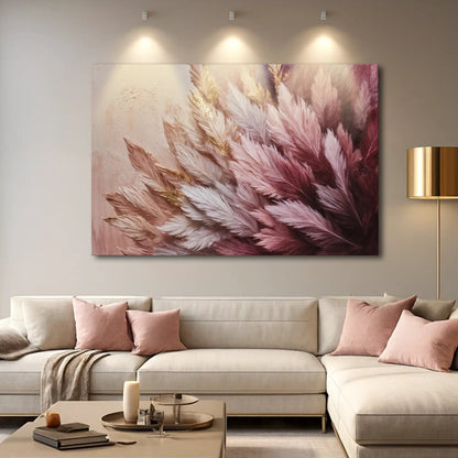 Feather Symphony Wall Art canvas with pink and gold feathers above a sofa on Tampa Home & Garden Store