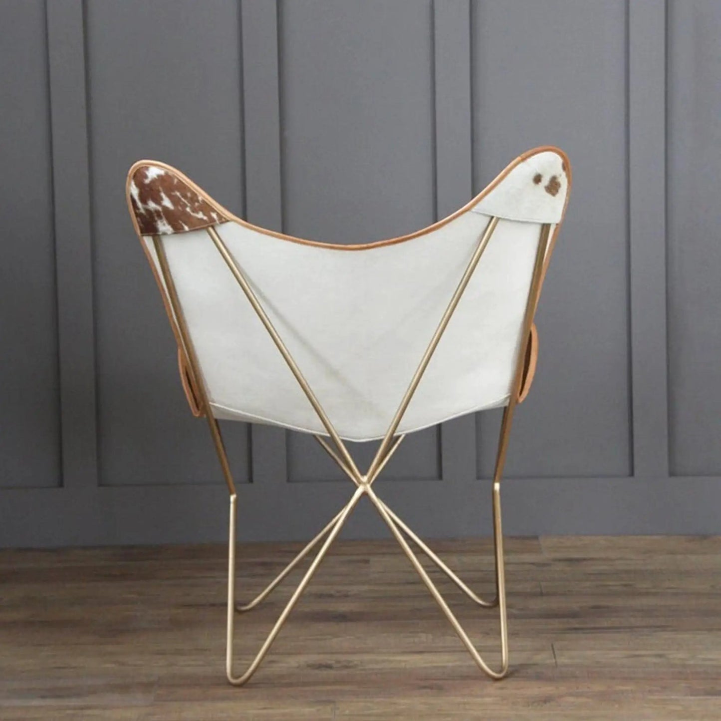 The Swiss Butterfly Chair Classy Leather Bags, cream canvas seat with patches, gold frame on Tampa Home & Garden Store