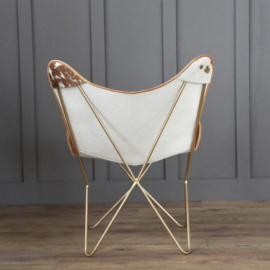 The Swiss Butterfly Chair Classy Leather Bags, cream canvas seat with patches, gold frame on Tampa Home & Garden Store