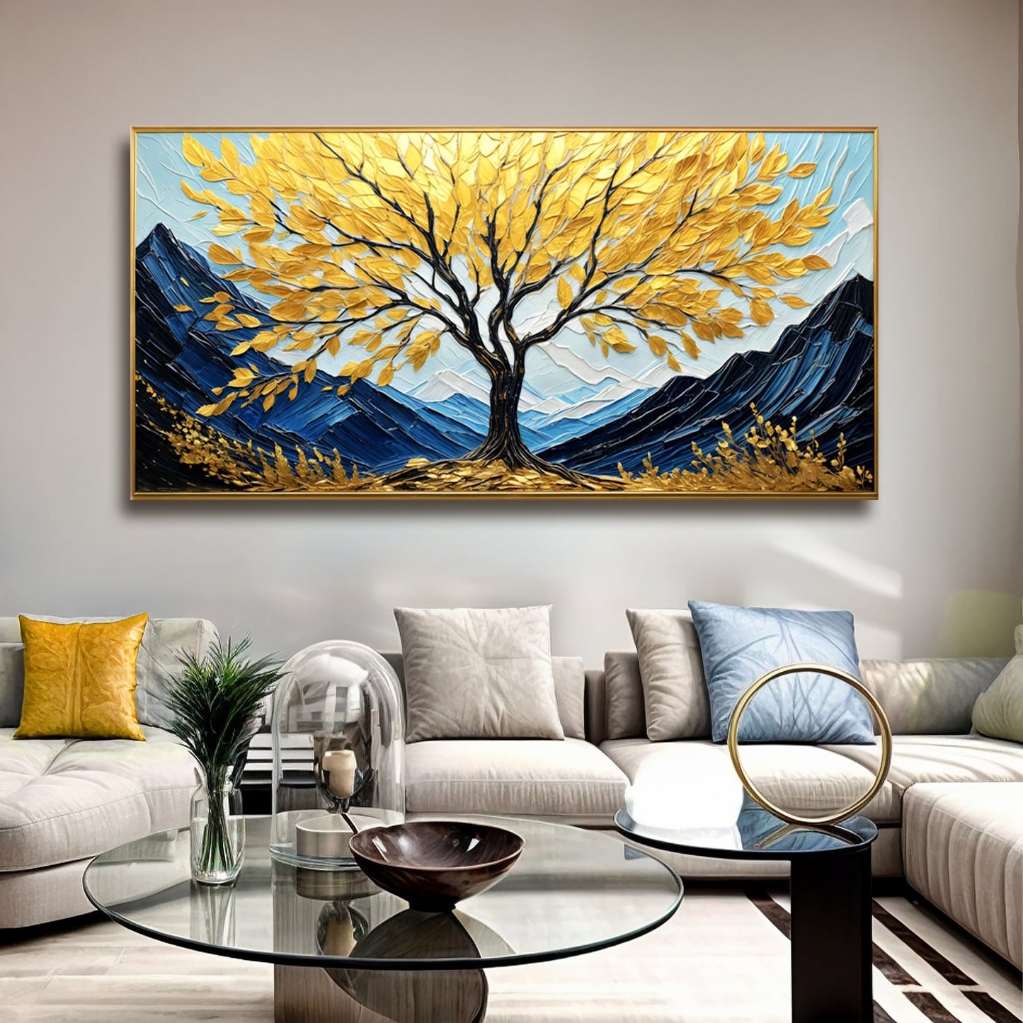Golden Sanctuary Wall Art canvas by Tailored Canvases, golden-leaf tree with blue mountains on Tampa Home & Garden Store