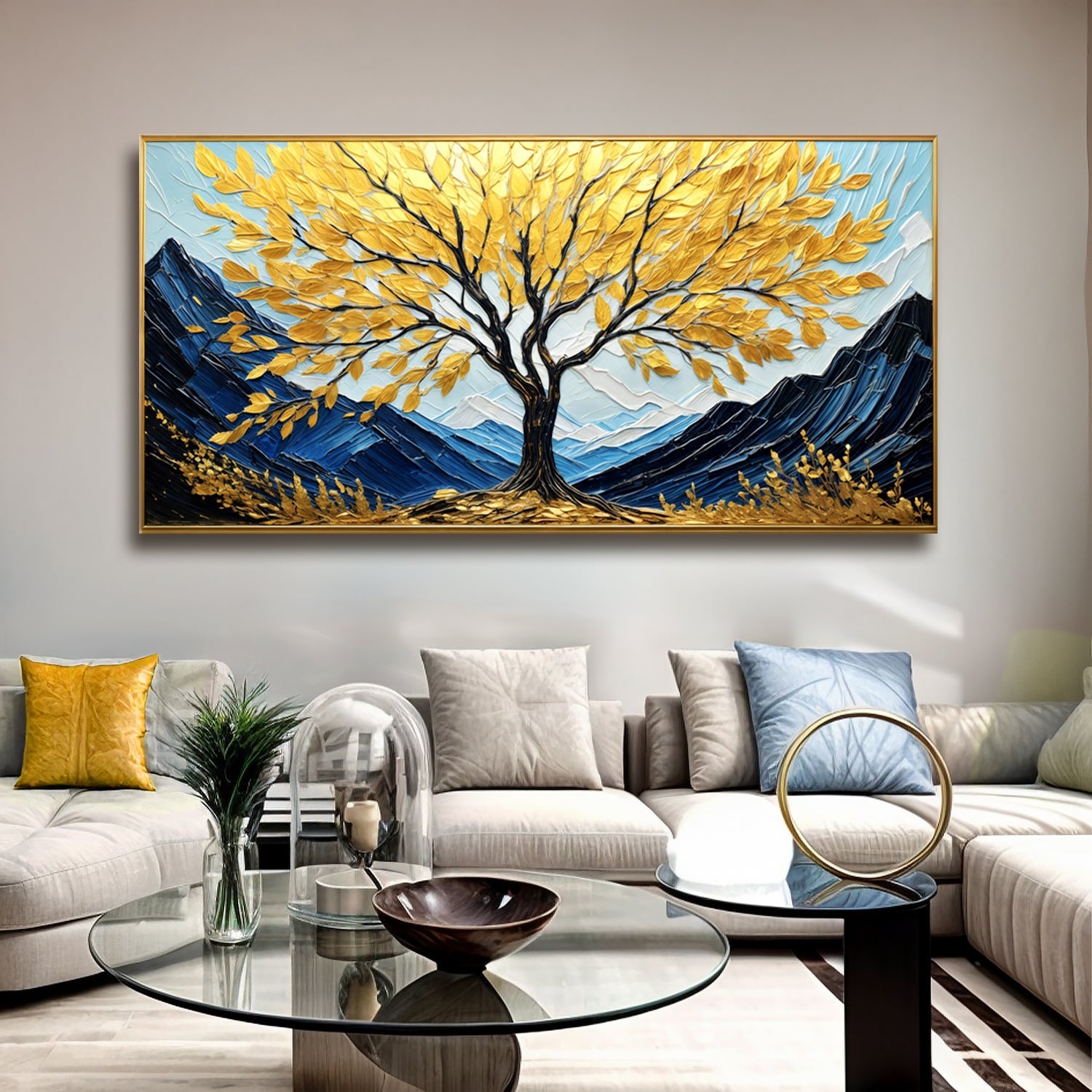 Golden Sanctuary Wall Art canvas by Tailored Canvases, golden-leaf tree with blue mountains on Tampa Home & Garden Store