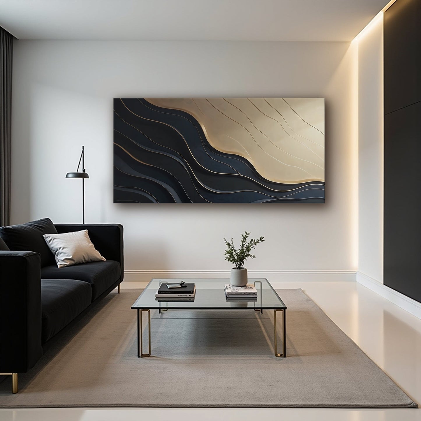Black And Gold Minimalist Abstract VII canvas by Tailored Canvases with black and gold curves on Tampa Home & Garden Store