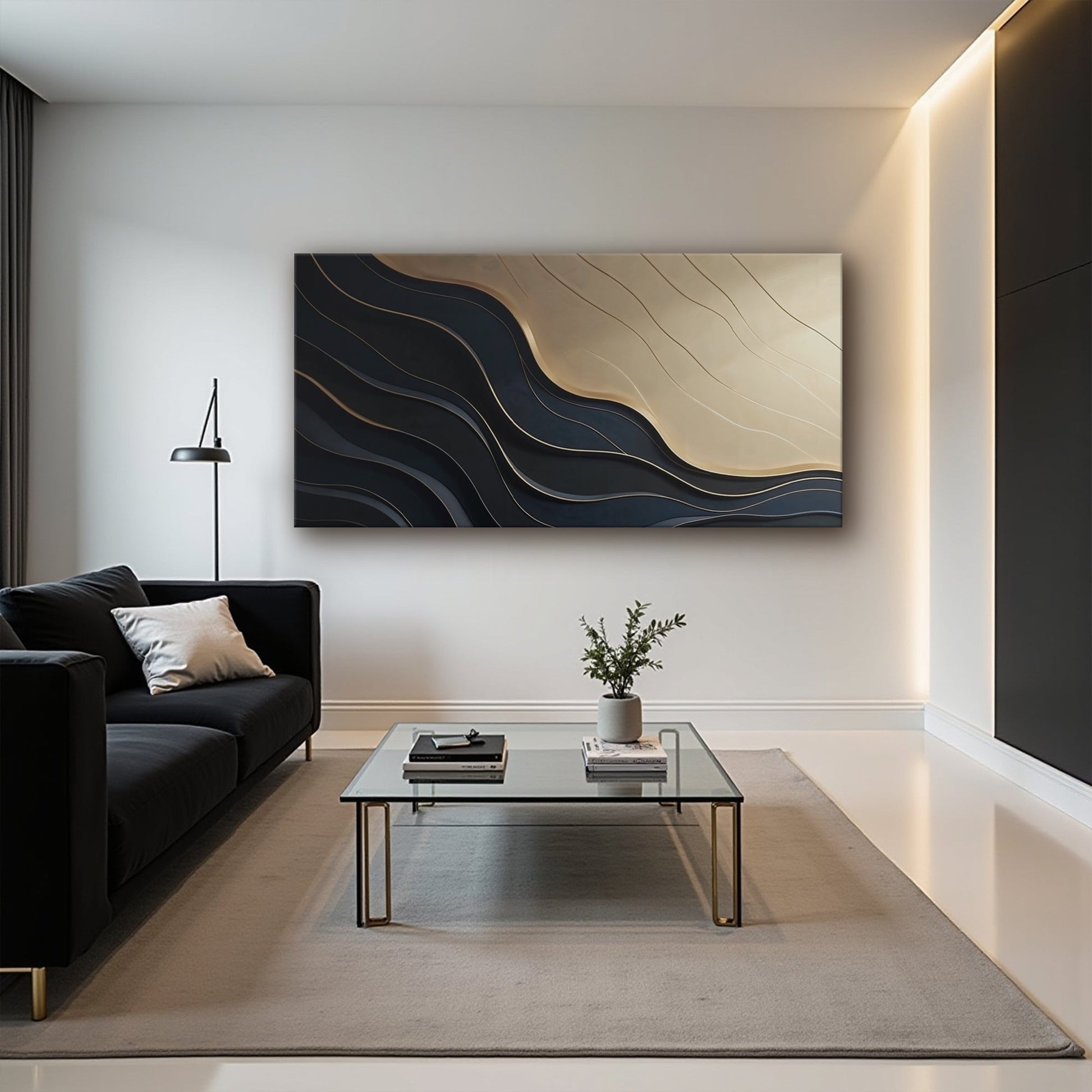 Black And Gold Minimalist Abstract VII canvas by Tailored Canvases with black and gold curves on Tampa Home & Garden Store