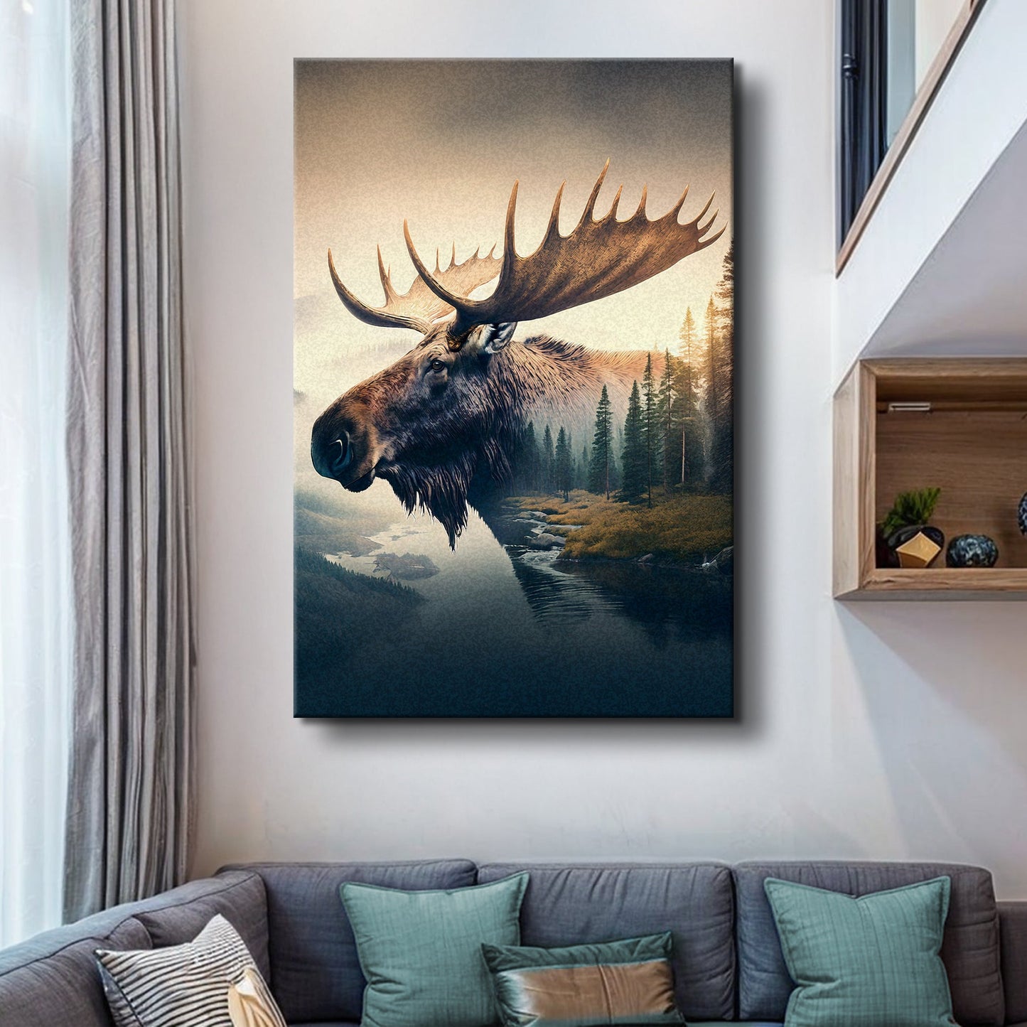 Moose Double Exposure Wall Art canvas Tailored Canvases with moose head and forest scene on Tampa Home & Garden Store