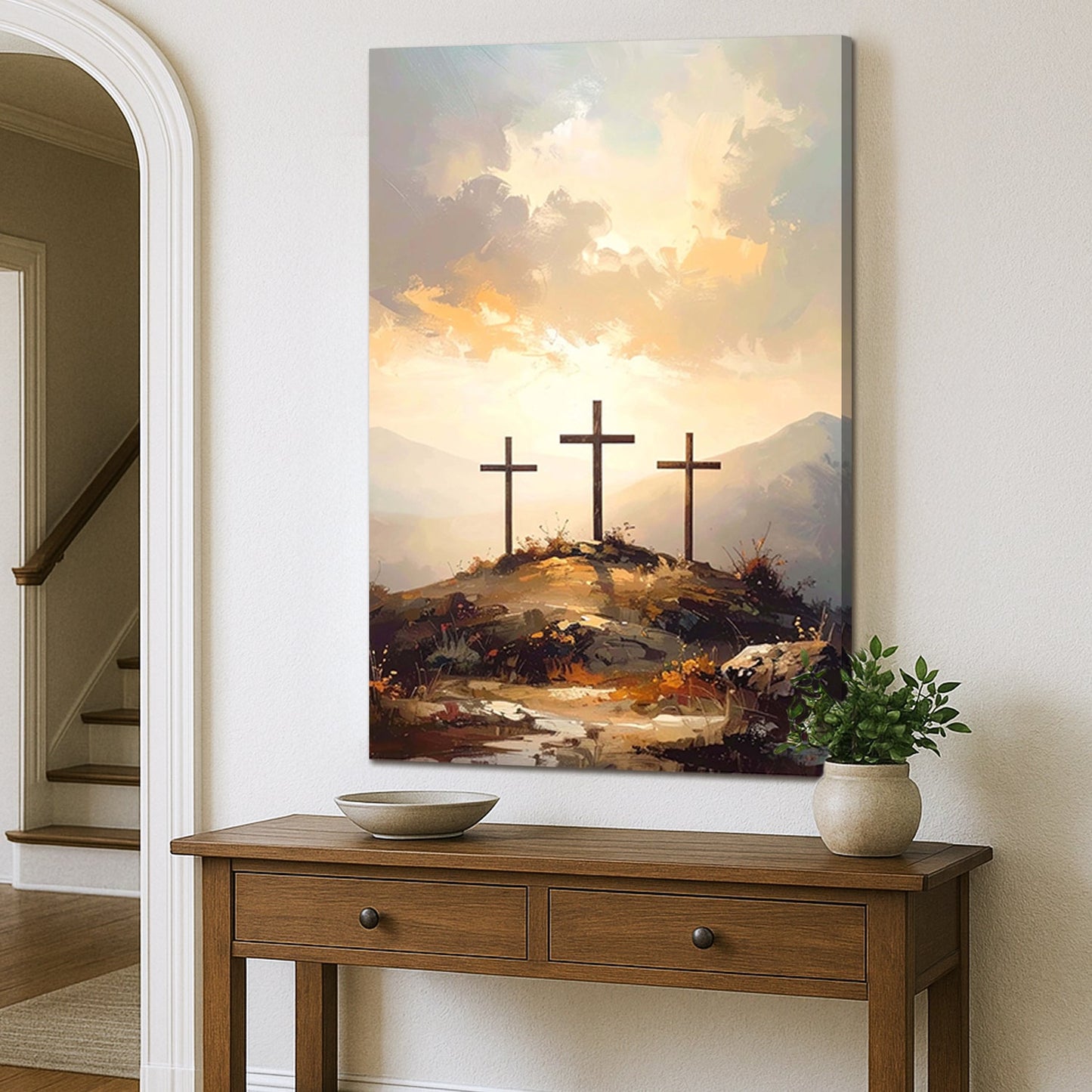 Three Crosses on Calvary Faith Wall Art canvas by Tailored Canvases with sunrise sky over hills on Tampa Home & Garden Store