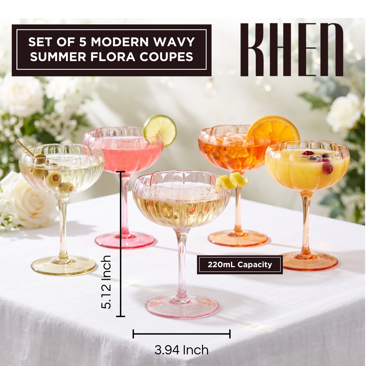 Colorful Flower Coupe Cocktail Glass Set of Five