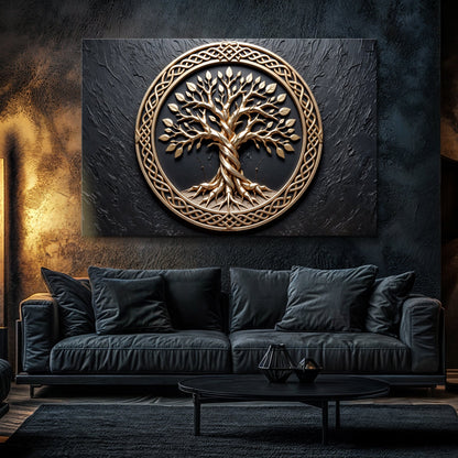 3D Celtic Tree of Life Canvas with gold tree and braided circle frame on dark textured wall on Tampa Home & Garden Store