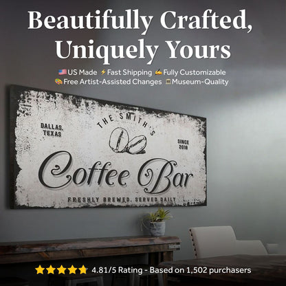 Coffee Bar sign canvas wall art by Tailored Canvases, distressed black on white vintage look on Tampa Home & Garden Store