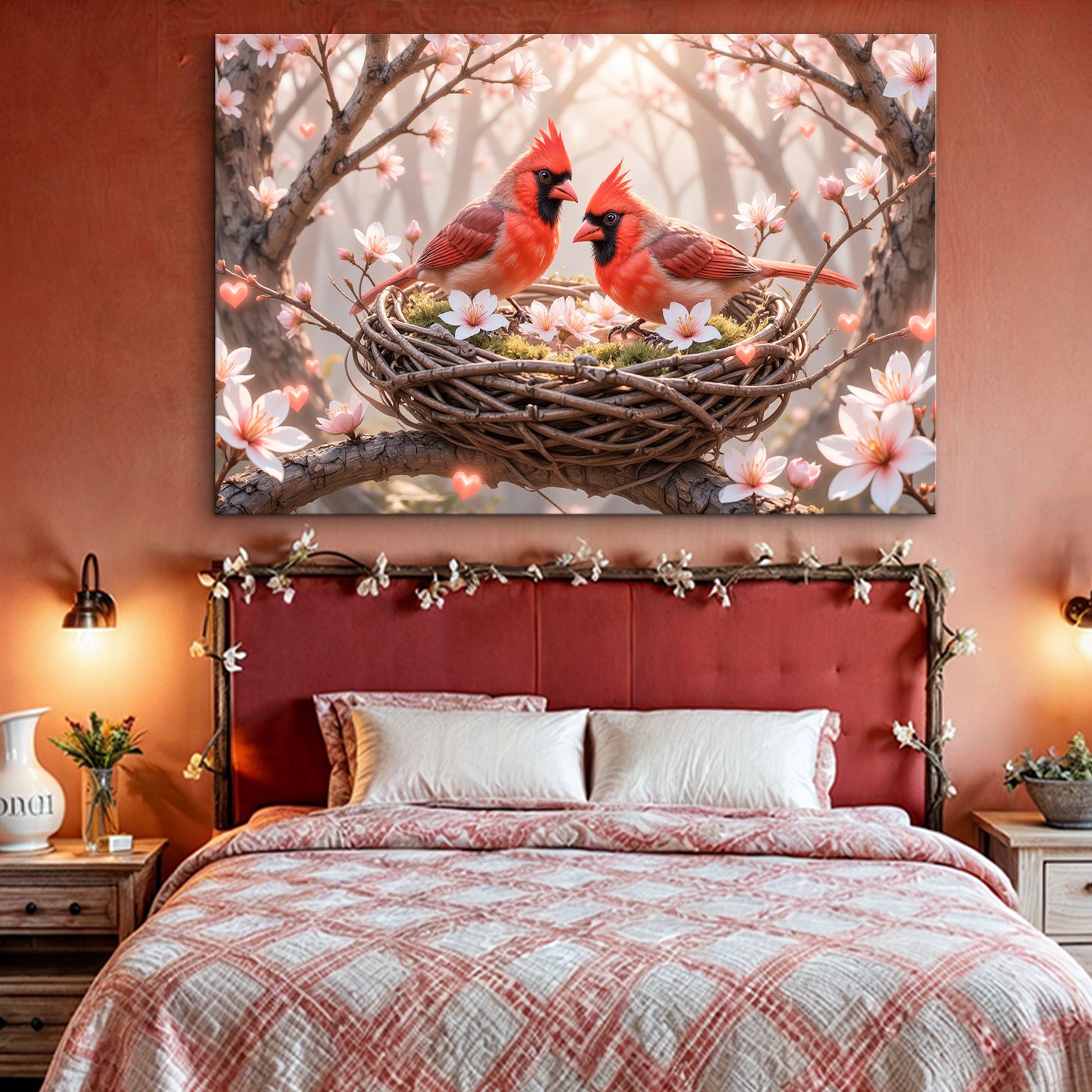 3D Cardinals Wall Art canvas Tailored Canvases, two red cardinals in a nest among pink blossoms on Tampa Home & Garden Store