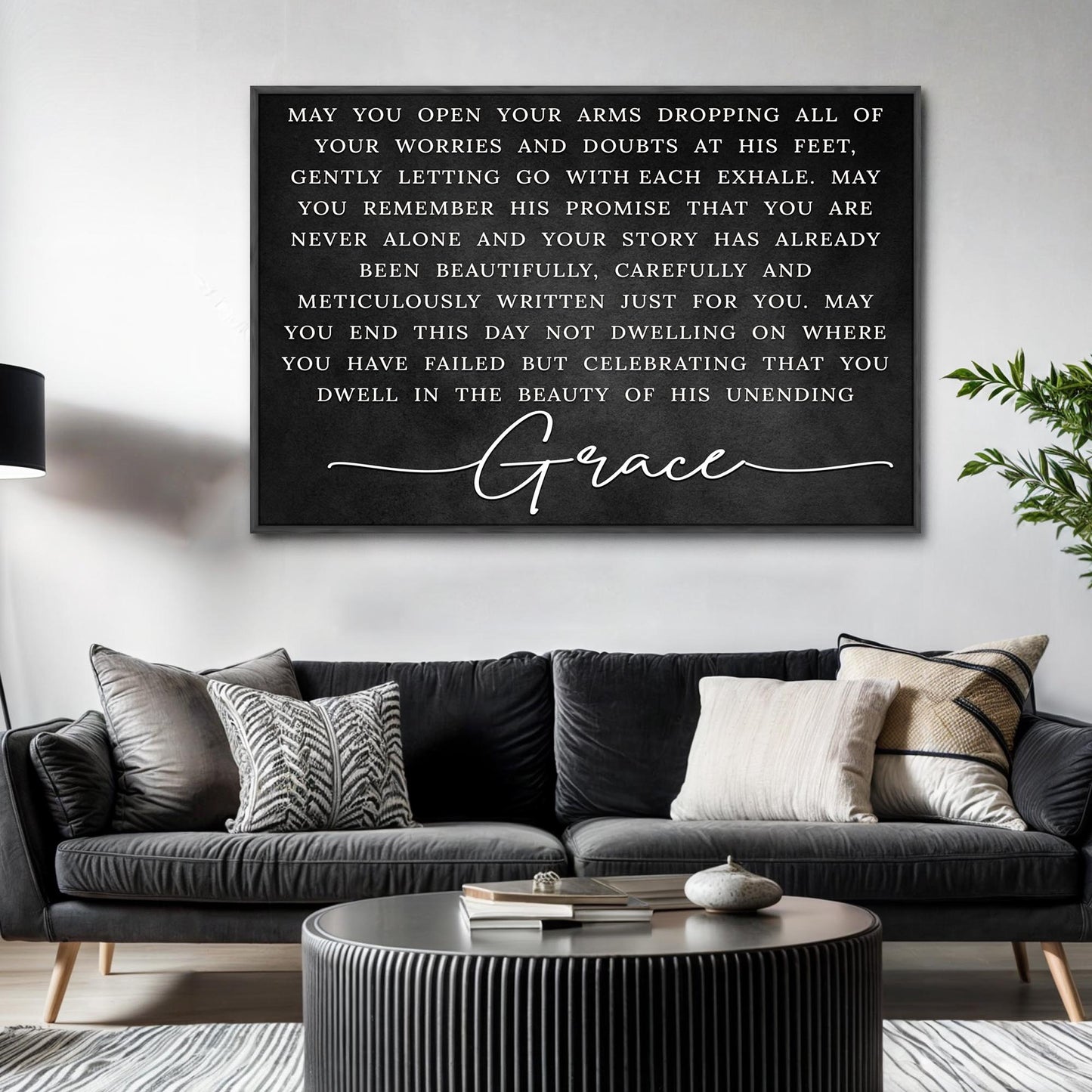 Unending Grace Faith Sign canvas black with white text framed by Tailored Canvases crafting on Tampa Home & Garden Store