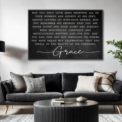 Unending Grace Faith Sign canvas black with white text framed by Tailored Canvases crafting on Tampa Home & Garden Store