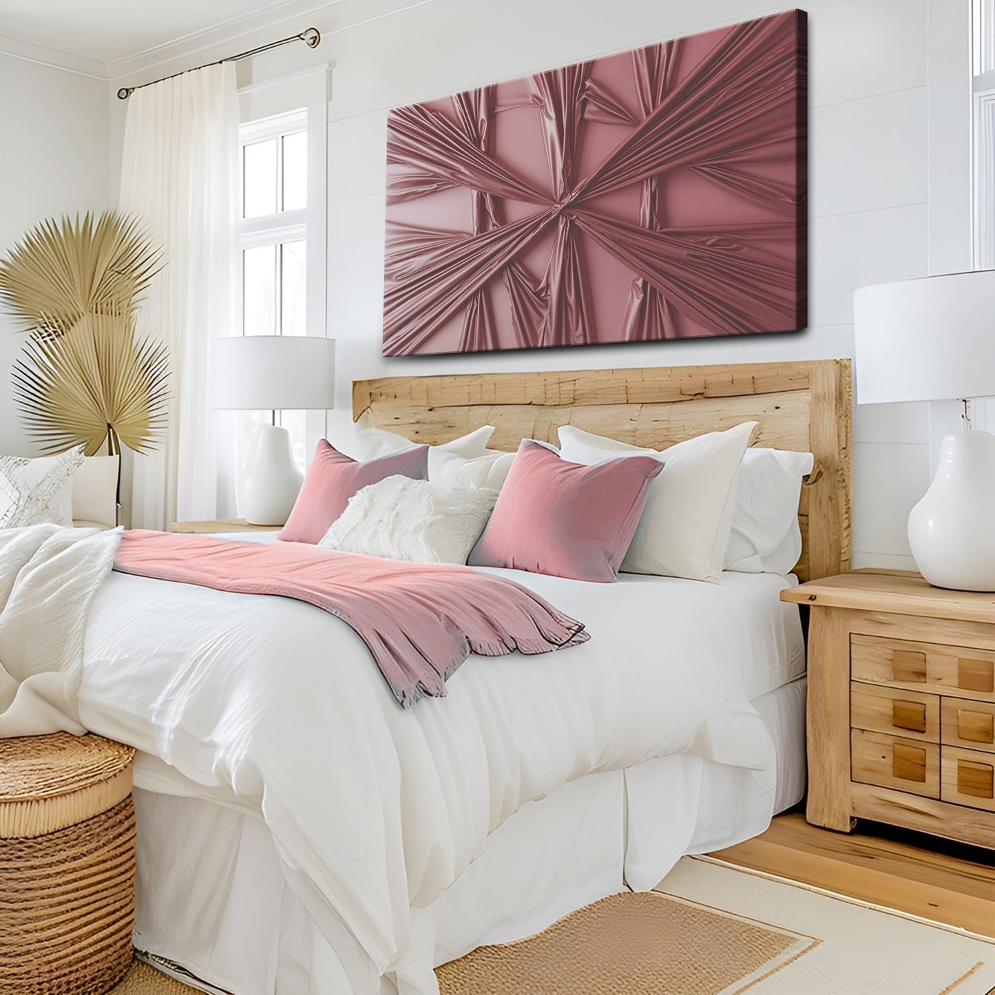 Modern Abstract Minimalist Wall Art VII canvas from Tailored Canvases above white bed in pink on Tampa Home & Garden Store