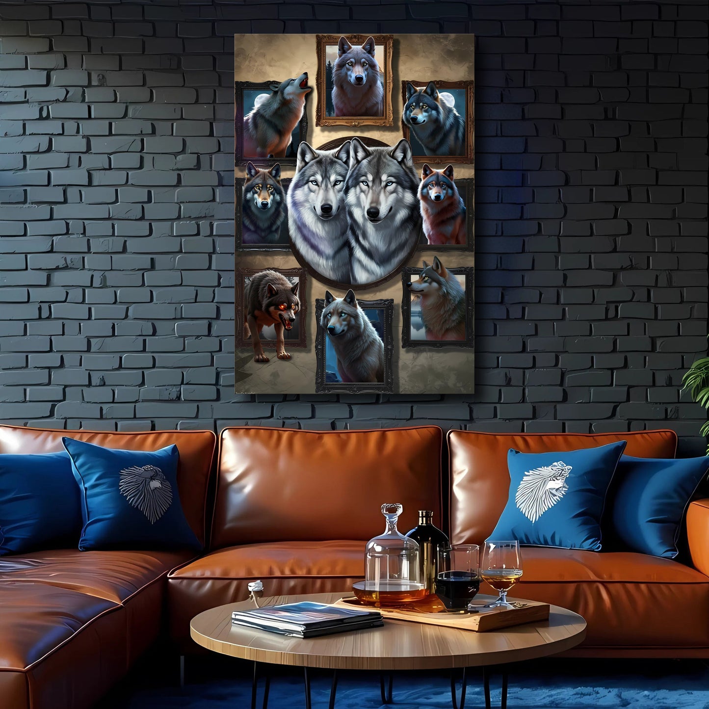 3D Wolf Collage Canvas wall art featuring multi-frame ornate wolf portraits on Tampa Home & Garden Store