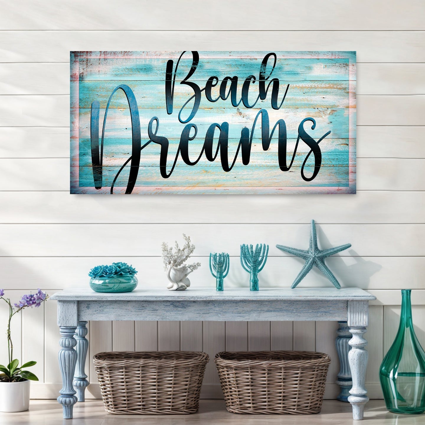 Beach Dreams Sign II canvas by Tailored Canvases, turquoise wood backdrop crafting canvas on Tampa Home & Garden Store