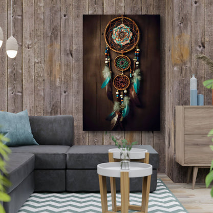 3D Whispering Feathers Wall Art VI canvas showing dreamcatcher hoops and turquoise feathers on Tampa Home & Garden Store