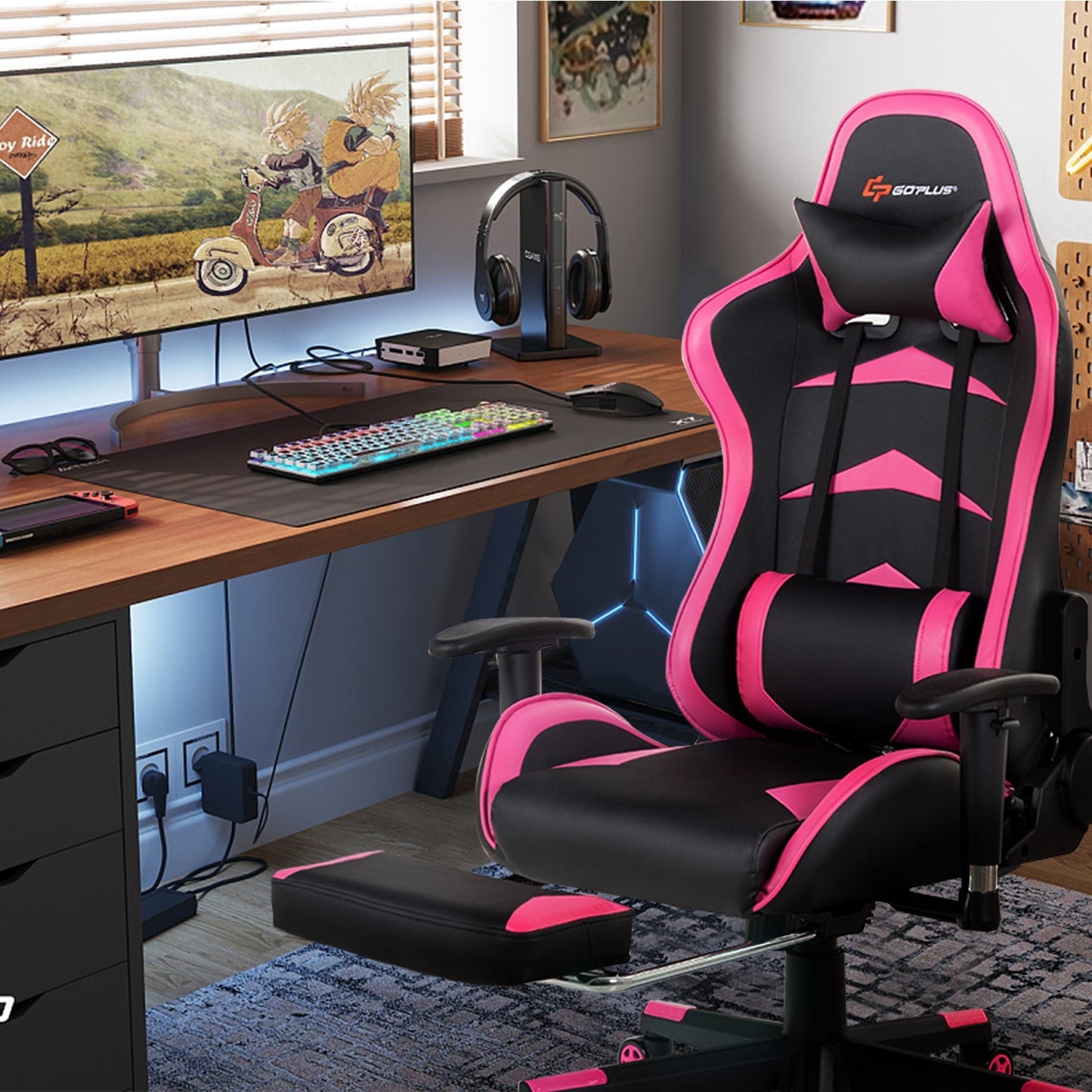 Sillón de masaje para videojuegos con reposapiés - rosa