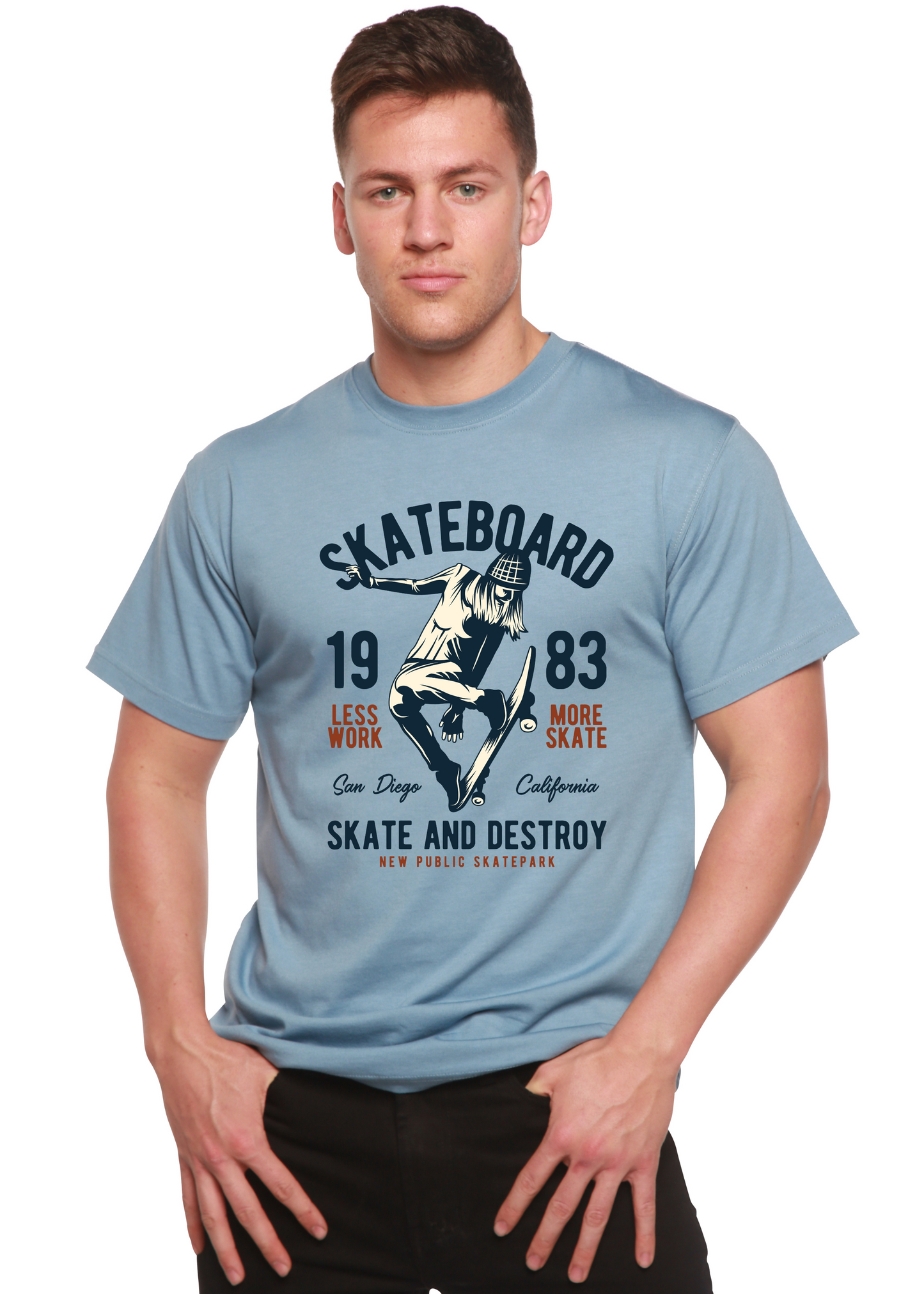 Skateboard 1983 men's bamboo viscose/organic cotton graphic tee light blue print on Tampa Home & Garden Store