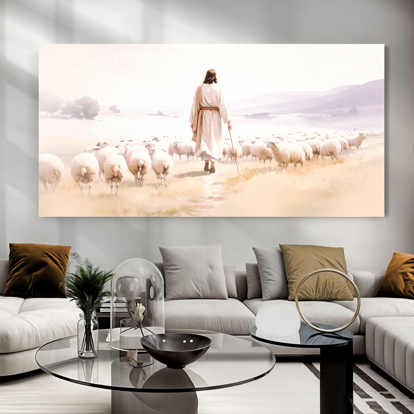 99 Faith Wall Art XI canvas by Tailored Canvases; cream pastoral scene with a shepherd and flock on Tampa Home & Garden Store