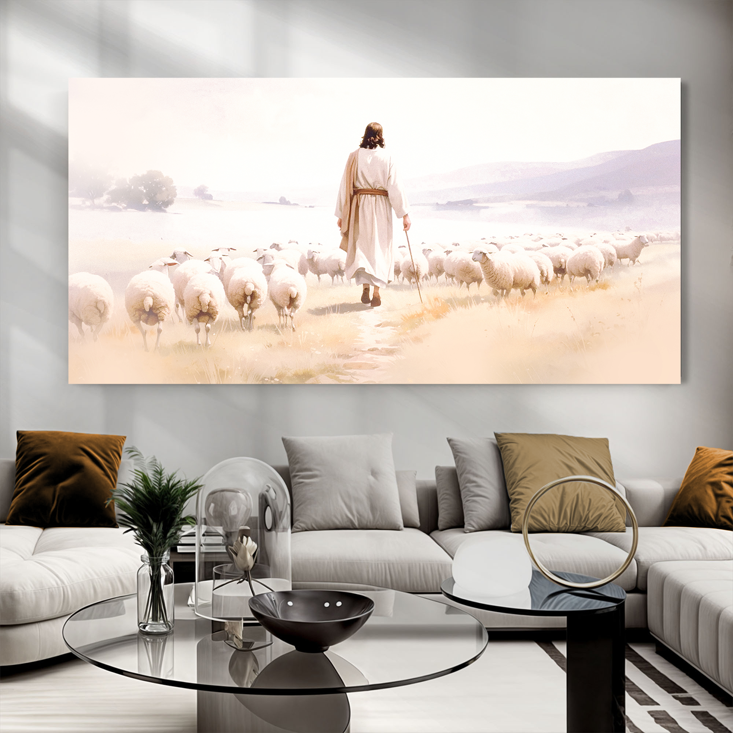 99 Faith Wall Art XI canvas by Tailored Canvases; cream pastoral scene with a shepherd and flock on Tampa Home & Garden Store