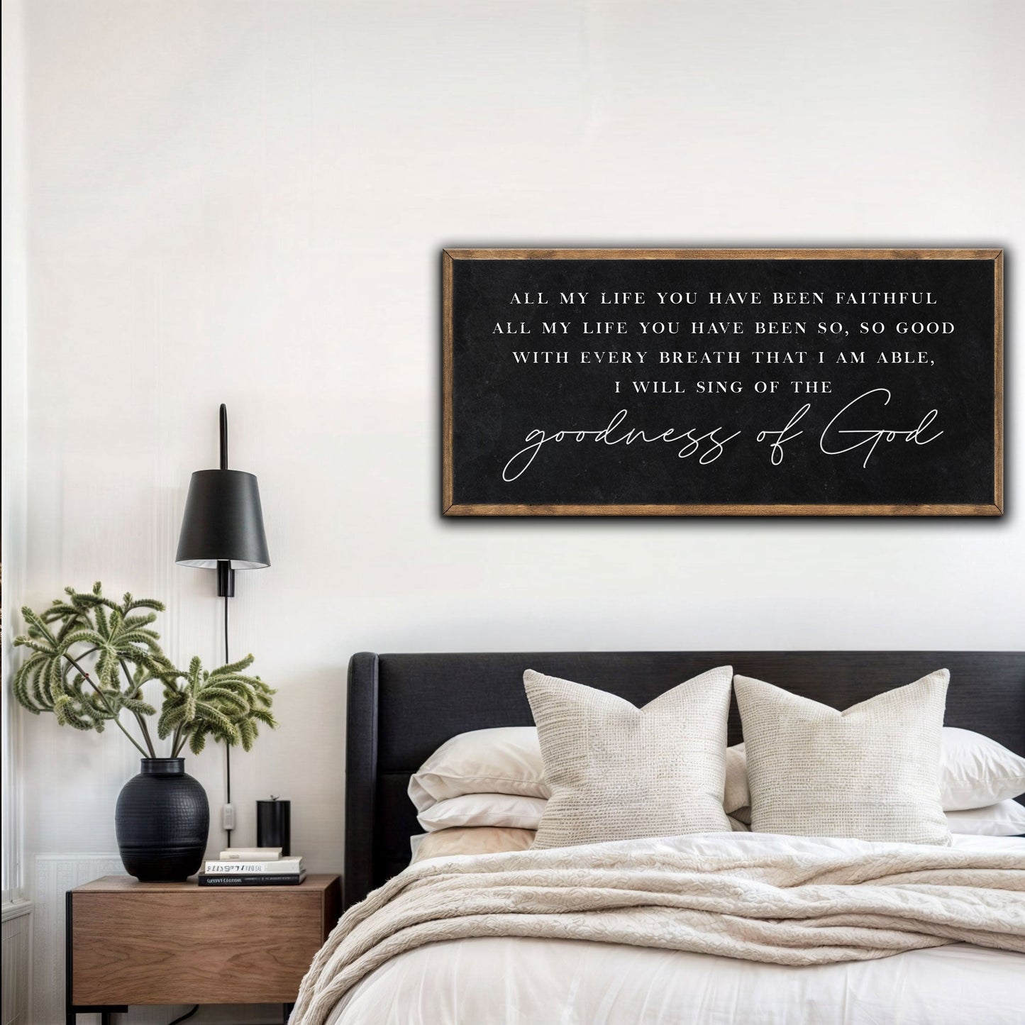 Goodness Of God faith sign canvas art by Tailored Canvases; black board with white script on Tampa Home & Garden Store
