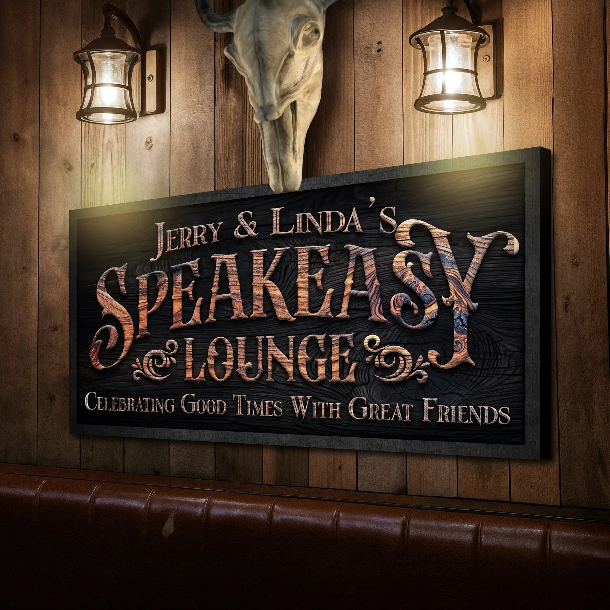Speakeasy Lounge Wall Sign canvas by Tailored Canvases with wood backdrop on Tampa Home & Garden Store